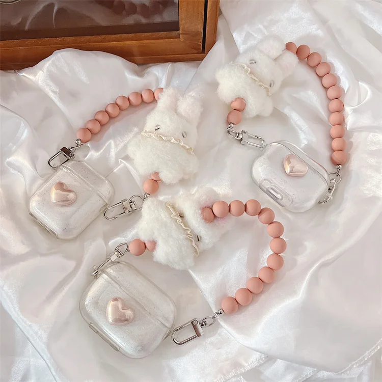 

2022 New Luxury Designer Clear Case with Beaded Plush Rabbit Chain for Airpods pro 3 1 2 for Airpods 2 Pro 3