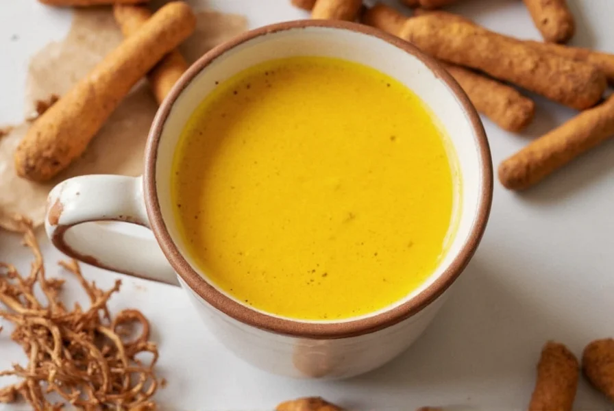 Golden turmeric coffee in white ceramic mug with turmeric root and cinnamon stick