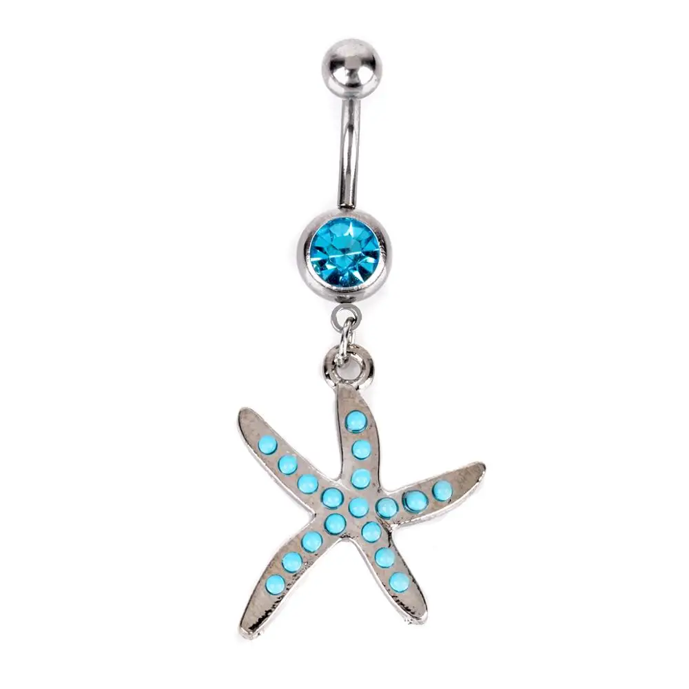 

Summer Ocean Beach Body Jewelry 316l Surgical Steel Belly Navel Rings Piercing Blue Crystal Starfish Belly Button Rings Dangle, As picture