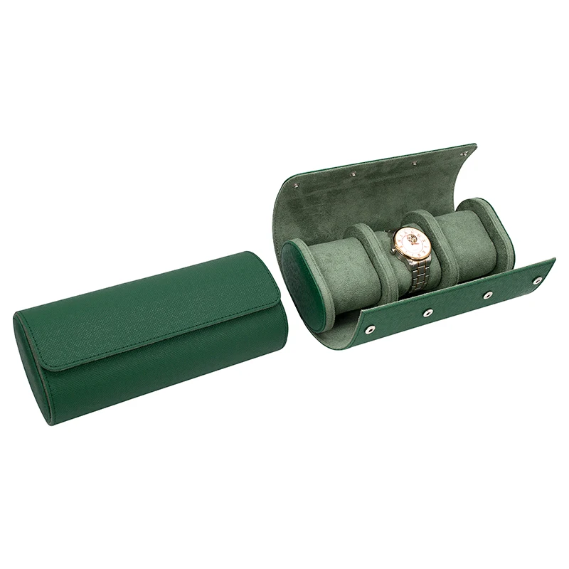 

Handmade 3 Slots Custom Leather Roll Watch Packaging Case Luxury Watch Box, Green/black