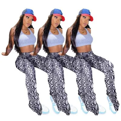 

B14563A 2020 Fall winter Women sports fashion sexy snake skin print flare pants