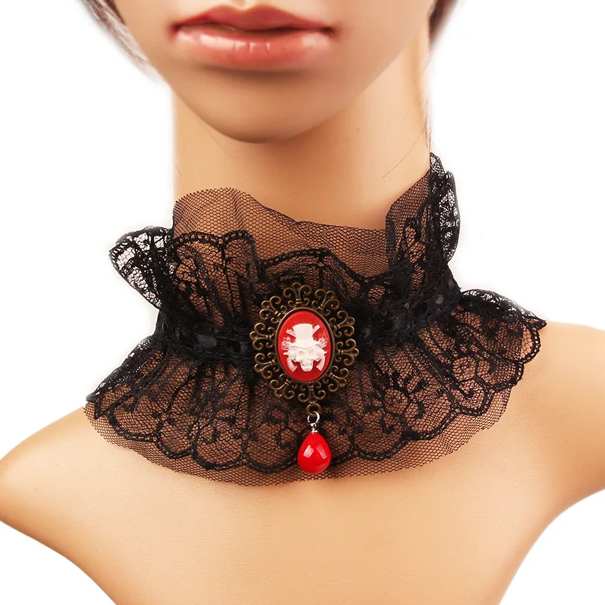 

New vintage gothic style black lace necklace Halloween necklace skeleton neck chain with collarbone necklace, As pic show