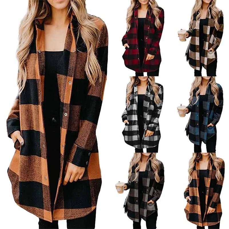 

2021 Amazon new lapel European and American plaid shirt women's mid-length long-sleeved women's plaid shirt