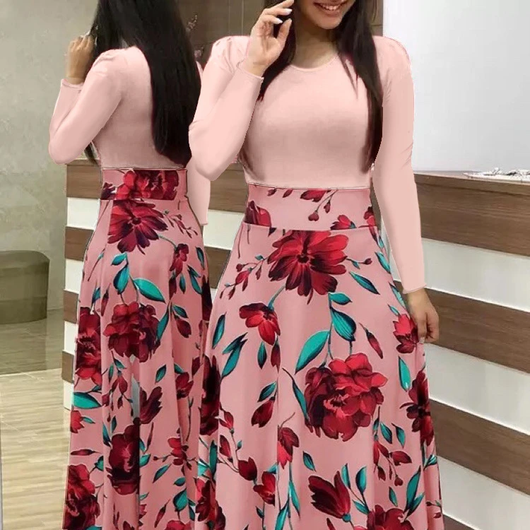 

European and American style flower print color matching long sleeve dress long short skirt women