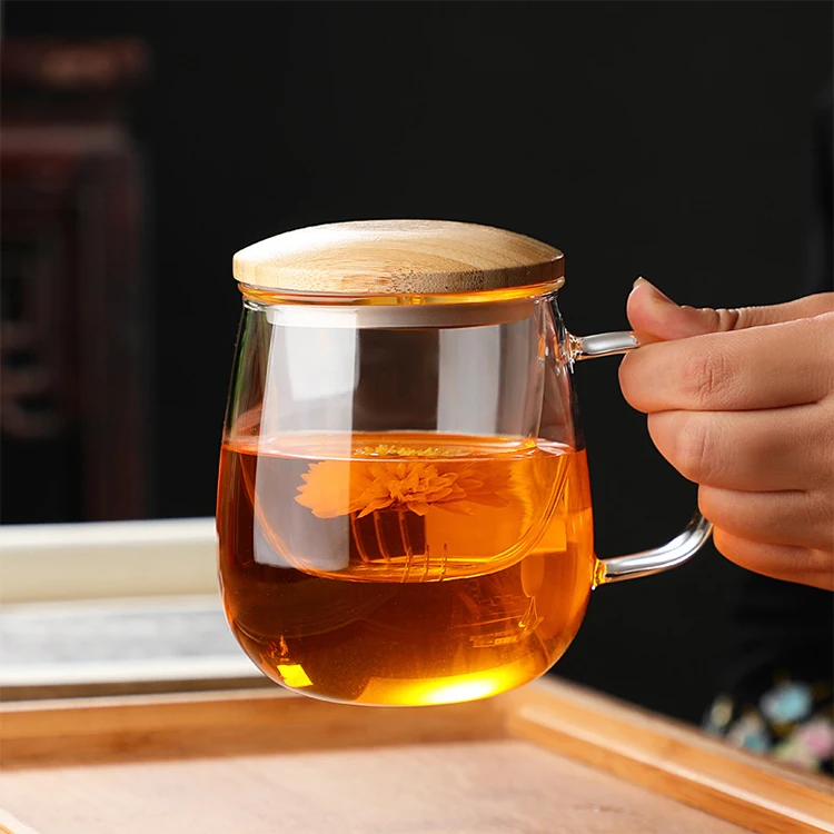 

New Arrival Glass Tea Infuser Cup Glass Tea Strainer with bamboo Lid