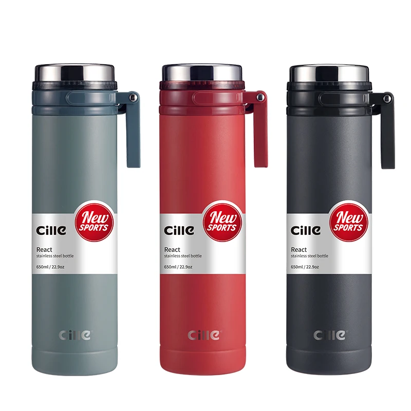 

New Product Cille 650ml Insulated 18/8 Stainless Steel Double Wall Vacuum Flask Travel Mug Luxury Water Bottle With Handle, Customized color