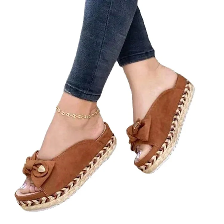 

Summer Fashion Ladies Slippers Solid Color Fish Mouth Open Toe Bowknot Waterproof Platform Ladies Sandals And Slippers