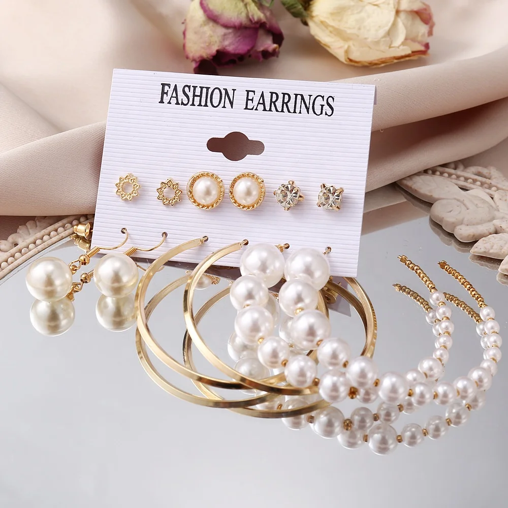 

Kaimei 2021 fashion jewelry women acrylic pearl tassel earrings set geometric metal earrings sets pearl hoop earrings set women, Many colors fyi