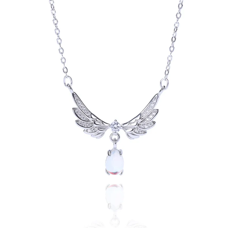 

S925 Sterling Silver Angel Wings Moonstone Necklace 925 silver jewelry sterling silver angel necklace women, Platinum color