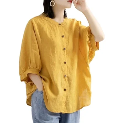 

Summer new cotton linen shirt lantern sleeve vintage art jacket large loose sleeve shirt women