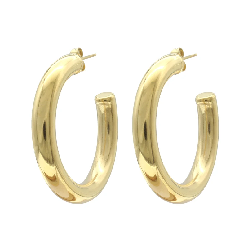 

European and American hot-selling stainless steel chunky C-shaped hoop earrings 14K gold plated hollow round earrings