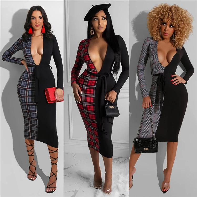 

C1288-wholesale casual dresses long sleeve deep v-neck midi bodycon plaid dress