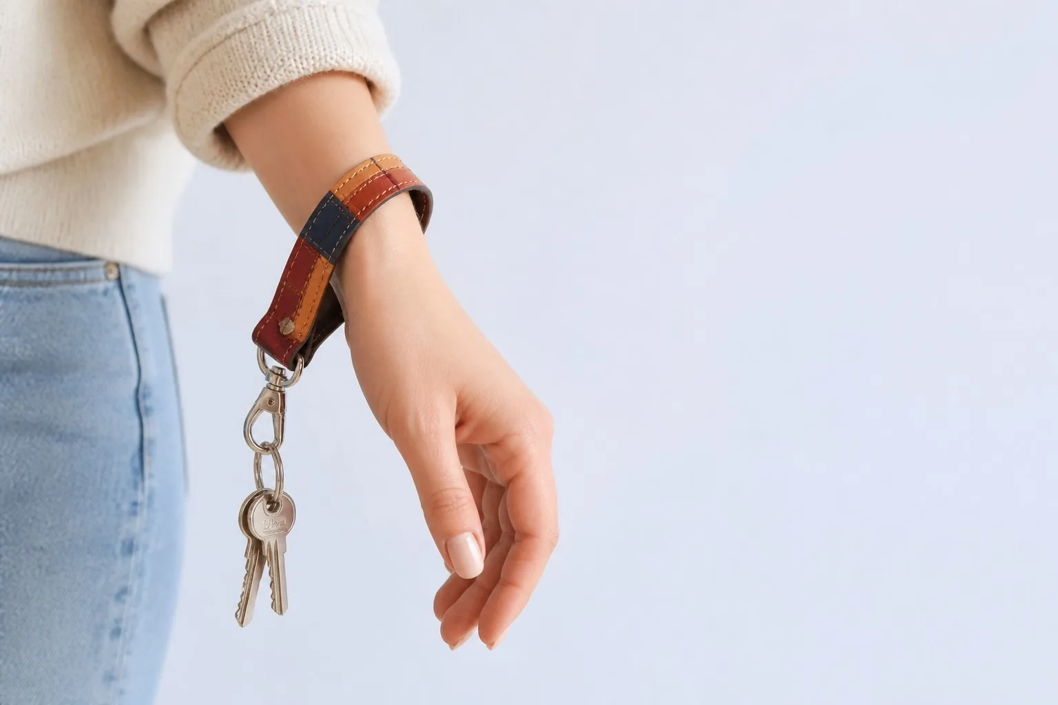 Leather wristlet keychain worn on the wrist with keys