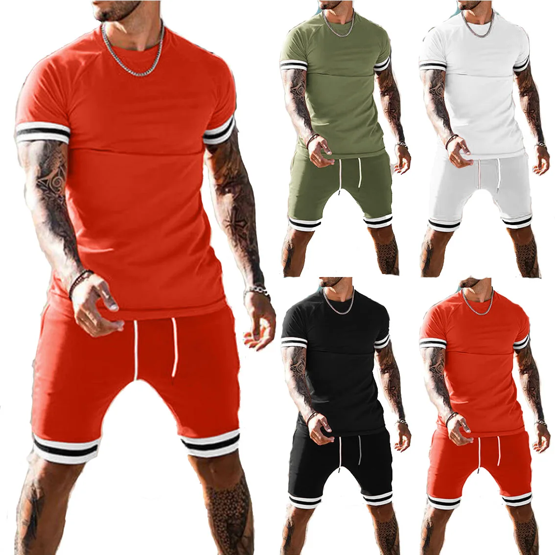 

DLL Hot Sale clothing men sets two piece short summer jogger set color contrast casual sports wear men's shorts, As picture or customized make