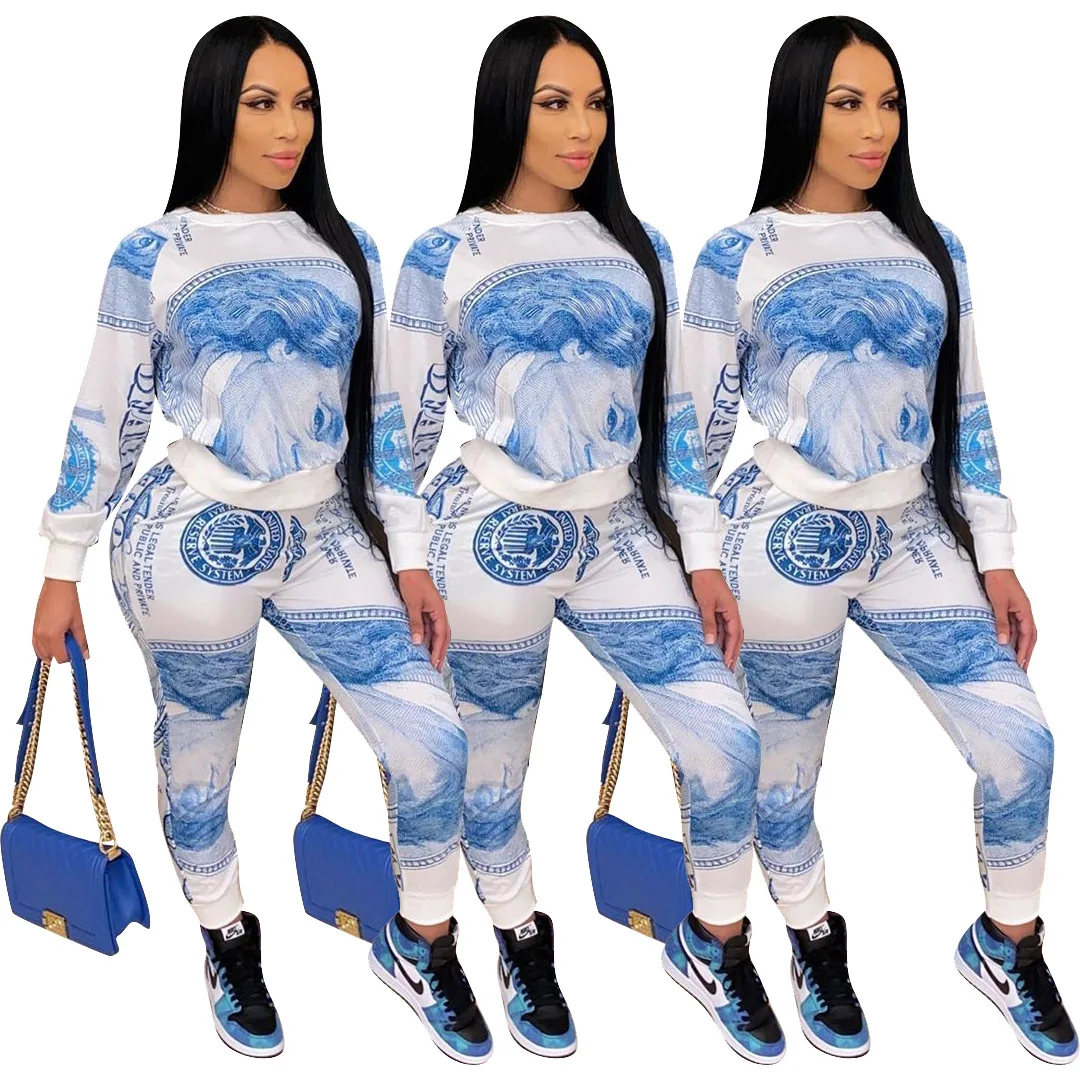 

Hot Sale Long Sleeve Sweatshirt Joggers Tracksuit Money Two Piece Set Women Sweatsuit Set Outfit, 3 colors