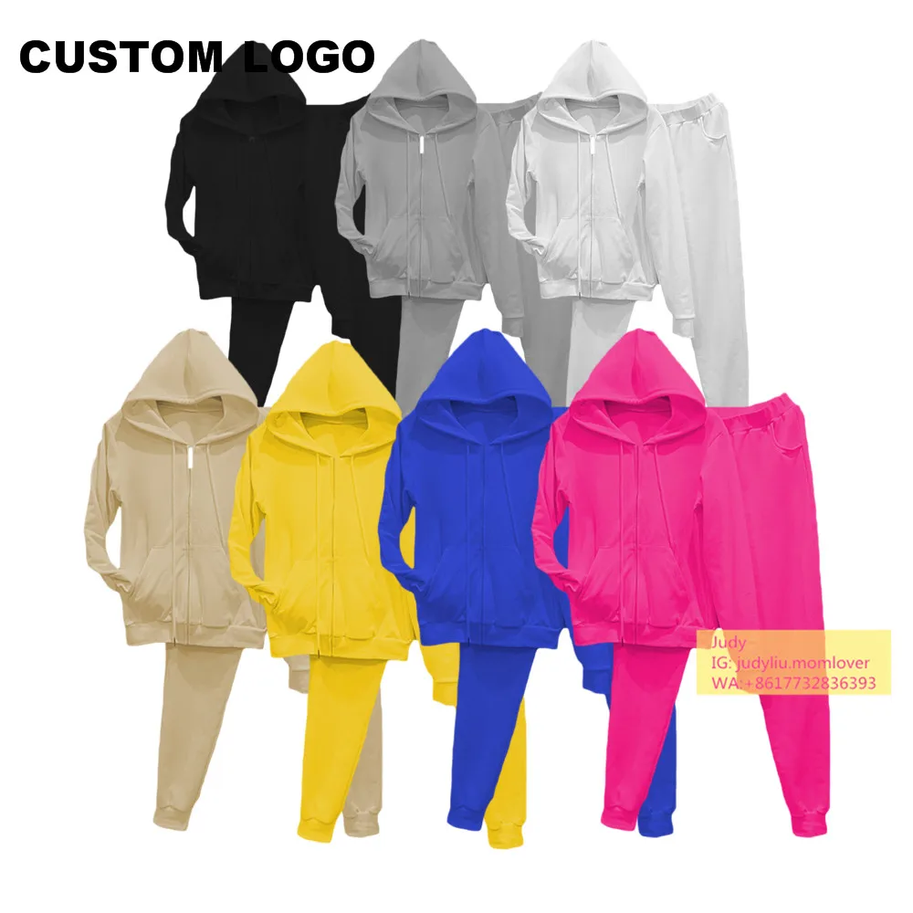 

Custom logo fall 2021 jogging sweatsuit terry cotton two piece pants set hooded jacket and string sweat pants set, Picture shows