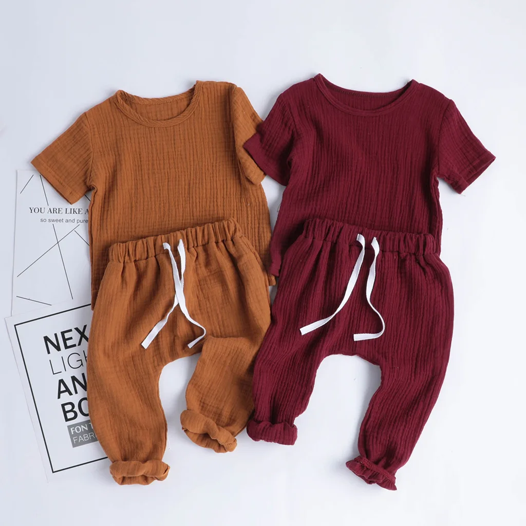 

Custom OEM ODM Toddler Boys Girls Short Sleeve Muslin Cotton Top Drawing String Pant Outfits Summer Baby Clothes Set, Photo showed and customized color