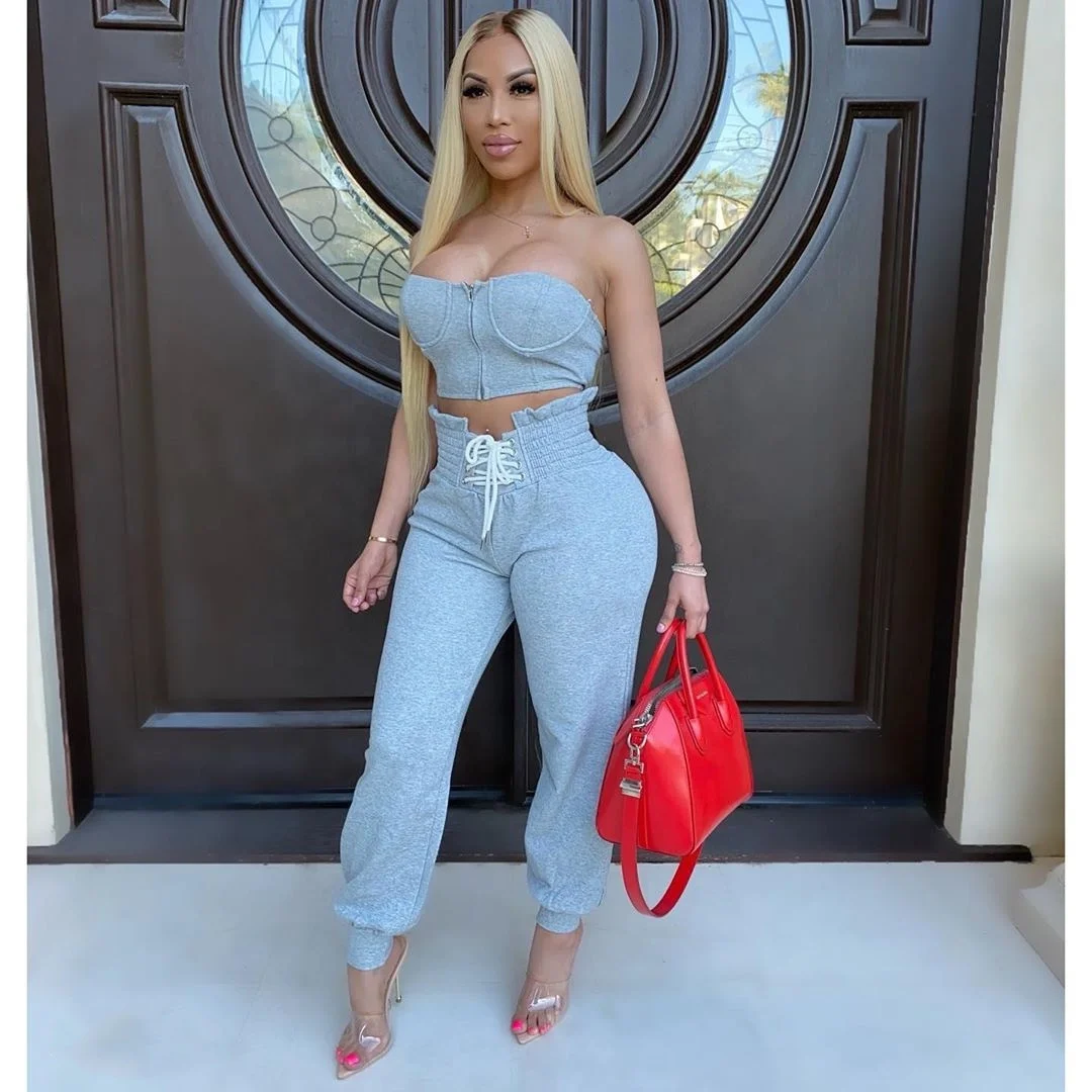 

2021 Summer Sexy Strapless Zipper Tank Tops Bandage Pants Two Piece Set For Women, Customized color