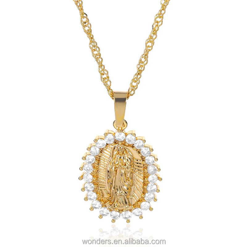 

18K Gold Plated Guadalupe Medal Necklace Church Gift Virgin Mary Diamond CZ Crystal Pendant Jewelry
