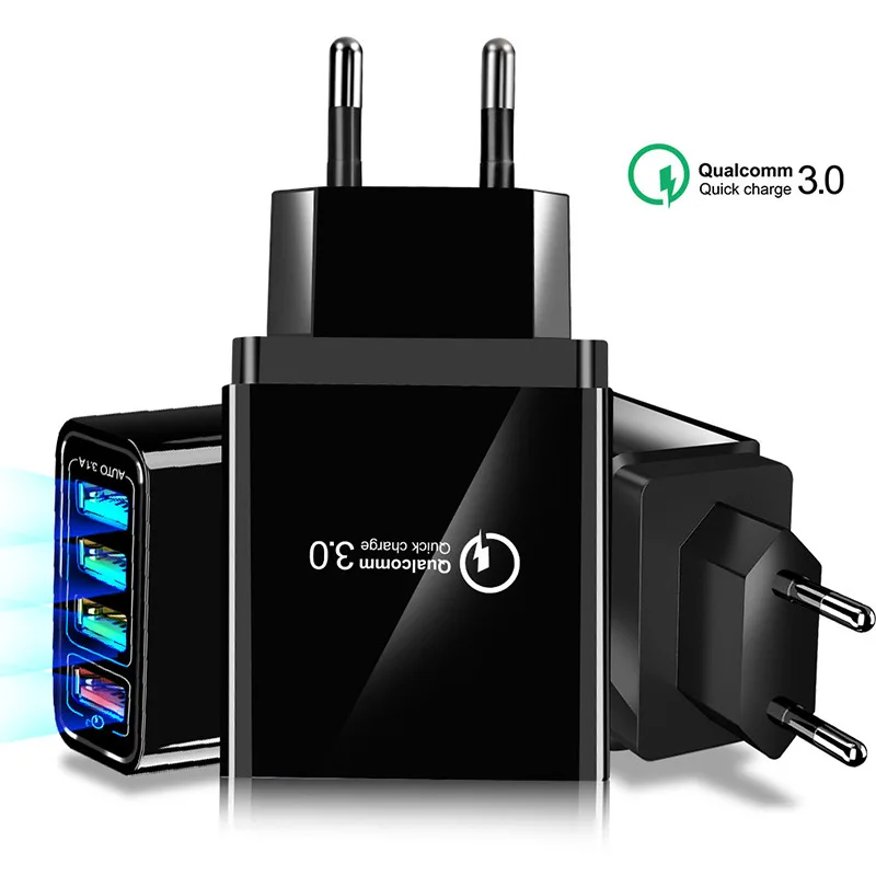 

QC 3.0 Mulit Ports Quick Charger Fast Charging 4 USB Wall Charger Qual comn Fast Travel Adapter, Black white