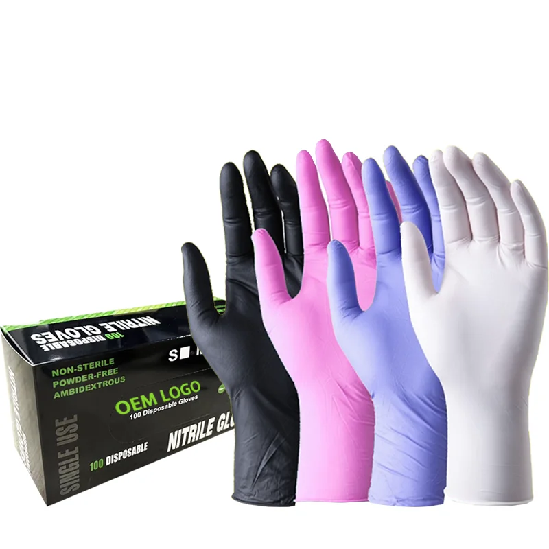

Hot Sell Tattoo Beauty Salon Pink Black Blue Purple Green Nitrile Vinyl Gloves Custom Logo Powder Free Nitrile Gloves
