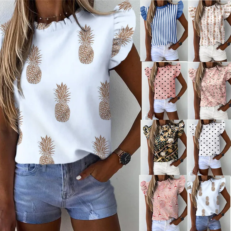 

Women Pineapple Floral Print Ruffle Blouse 2021 Summer Butterfly Sleeve Shirt Elegant Office Lady O-Neck Top Blusa Streetwear