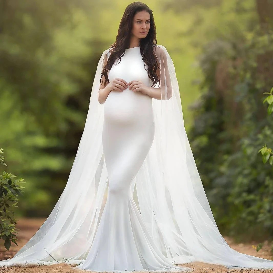 

High Quality Pregnant Women Slim One-Piece Long Skirt Photography Sleeveless Maternity Dress With Net Yarn Cloak