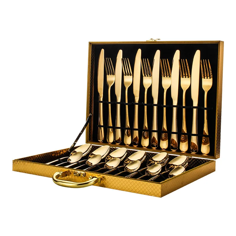 

Amazon gold plated stainless steel flatware set fork spoon set stainless steel 24pcs Cutlery Set with wooden box, As shown or customized color