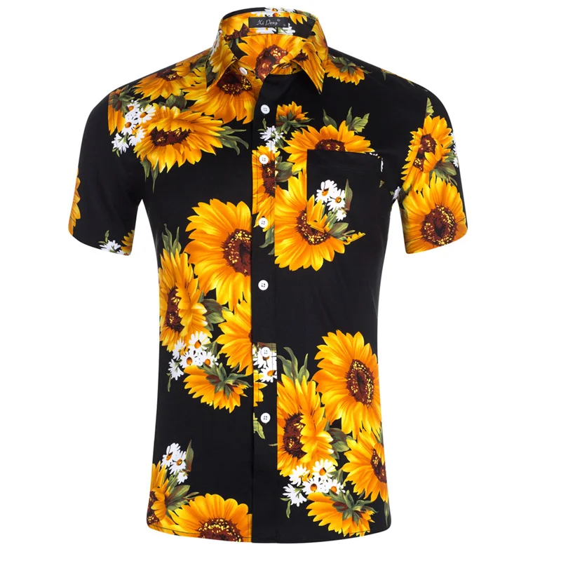 

Factory direct Hawaiian cardigan US size sunflower print shirt European and American plus size men's fall beach shirt