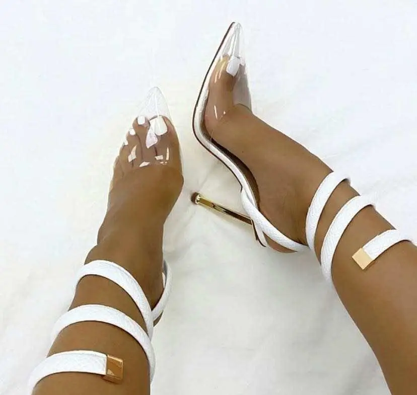 

Sandalias De Tacon Ankle Wrap Clear Pointed Toe Sandal Fashion Clear Shoes High Heels for ladies 2021, White, black