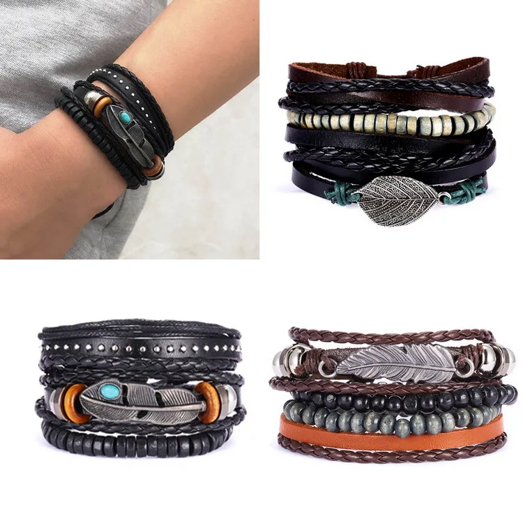 

New Designs 4PCS Set Men Beads Leaves Leather Bracelet Adjustable Women Leather Leaves Beads Bracelet