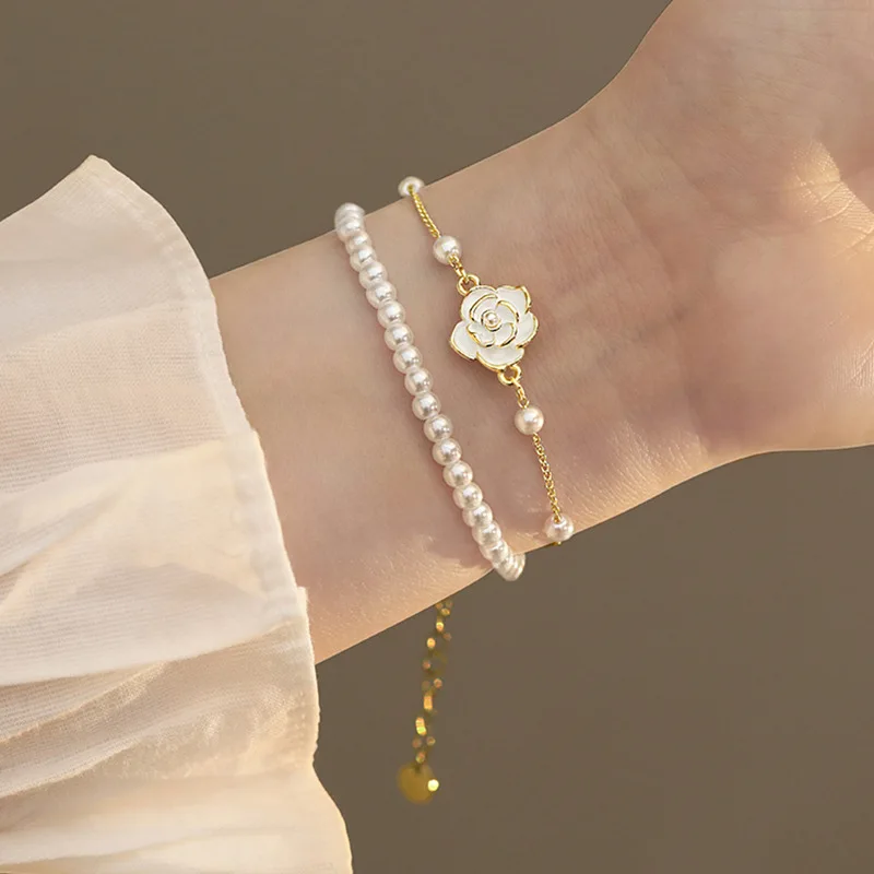 

Real gold electroplating camellia dripping oil pearl two-piece bracelet double layered white rose flower charm bracelet women