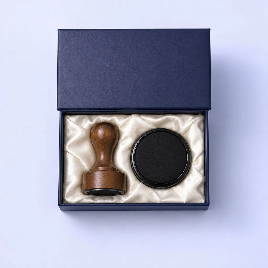 Flat lay of stamp, ink pad and gift box