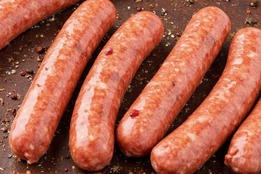 Verschiedene Gewürzzutaten für Wurst auf einem Holztisch arrangiert