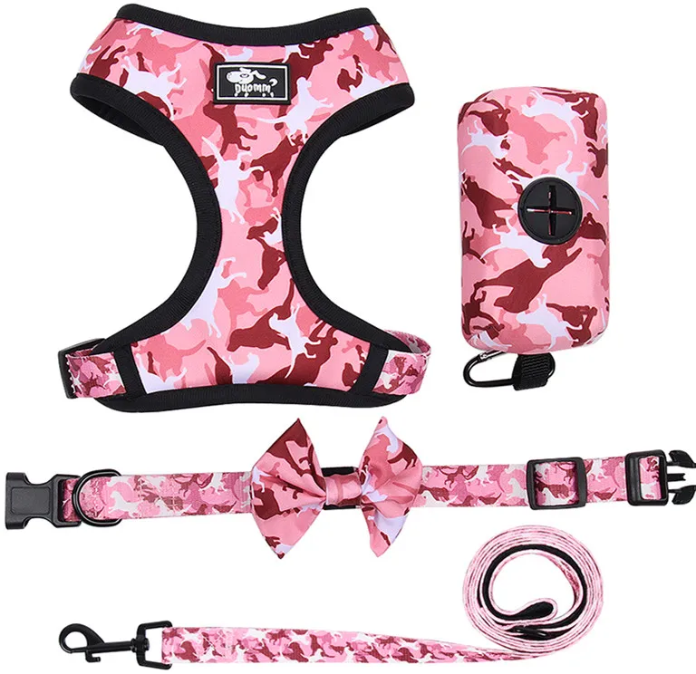 

4Pack No Pull Dog Harness Set, Camouflage Step in Adjustable Reflective Walking Dog Harness Vest + Leash +Bow Collar + Poop Bag, Blue/yellow/grey/pink