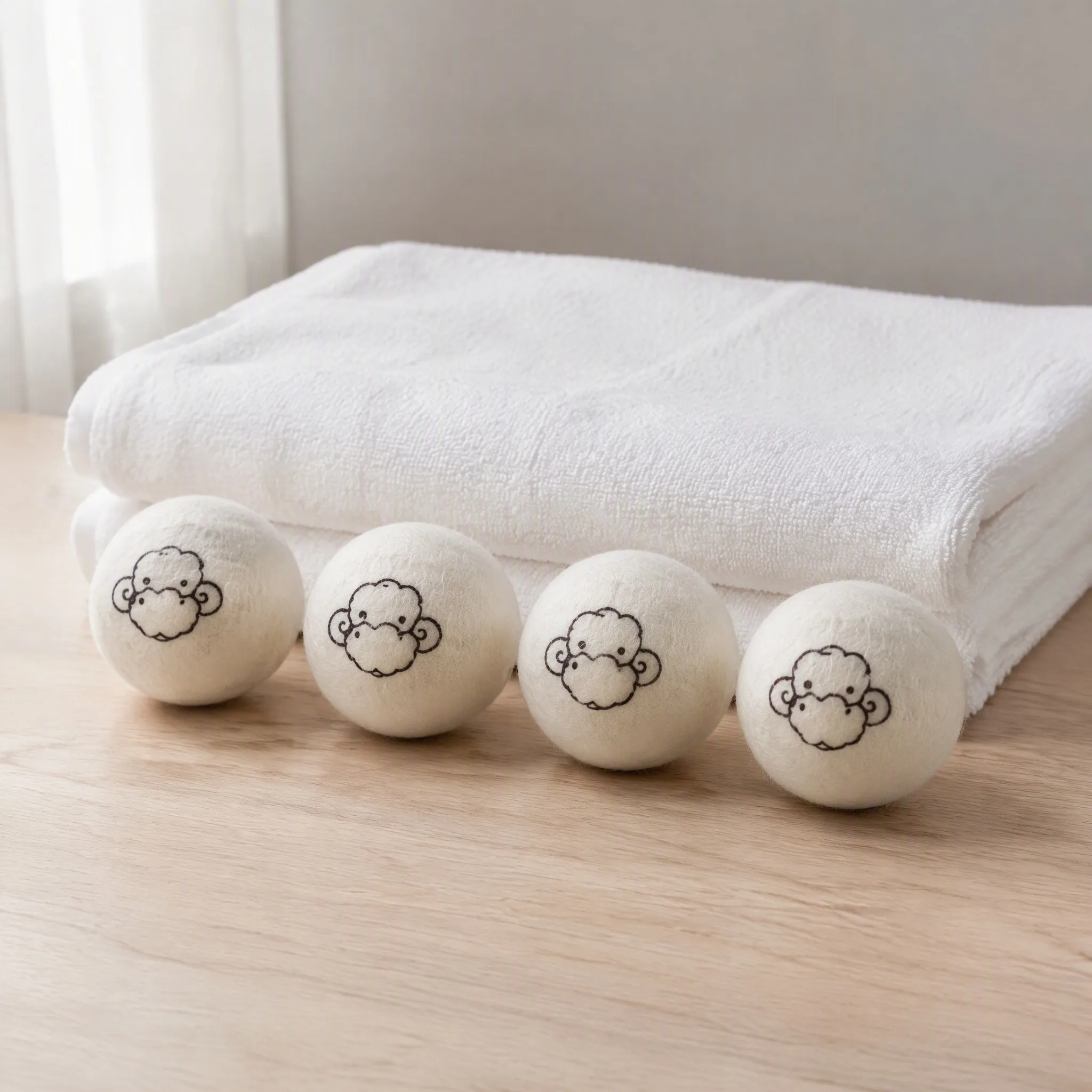 Four custom printed felted wool dryer balls lined up in front of folded white towels