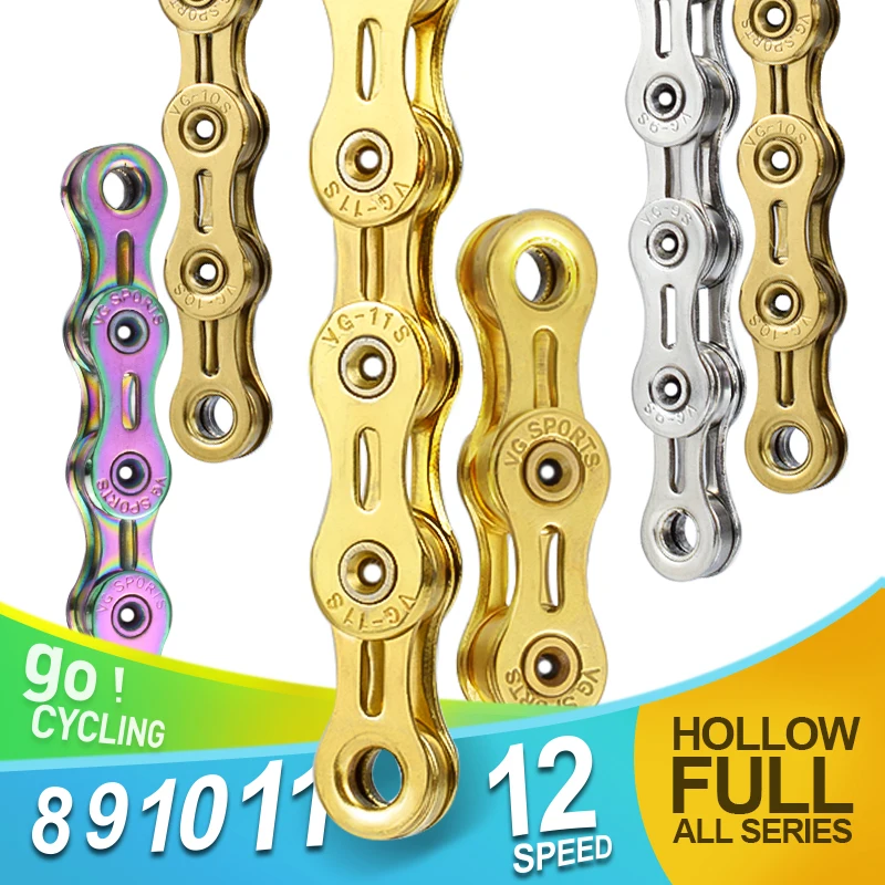 

VG Sports 6 7 8 9 10 11 12 Speed Full Hollow Bicycle Chain for MTB Mountain Road Bike, Silver,gold,rainbow,gold silver,titanium gold