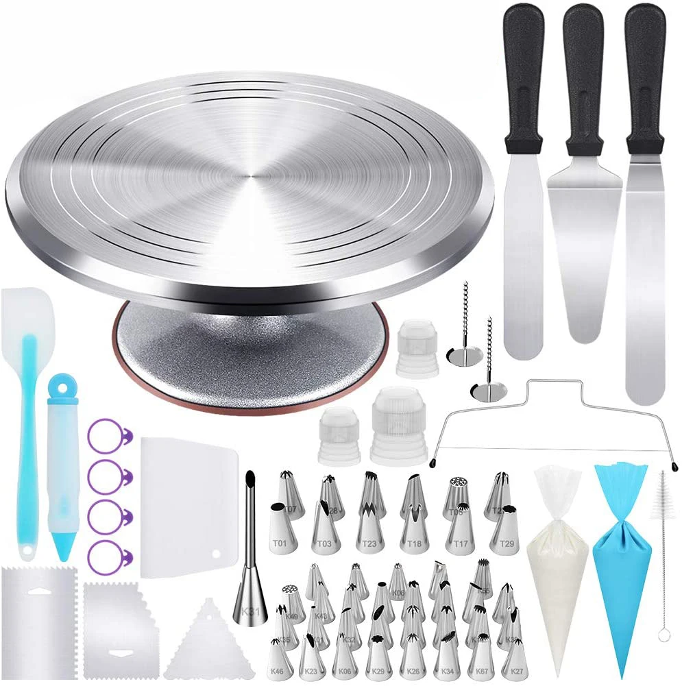 

Wholesale Supplies Cake Decorating Tools Metal Round Cake Turntable With Fondant Nozzles Piping Bags, Silver