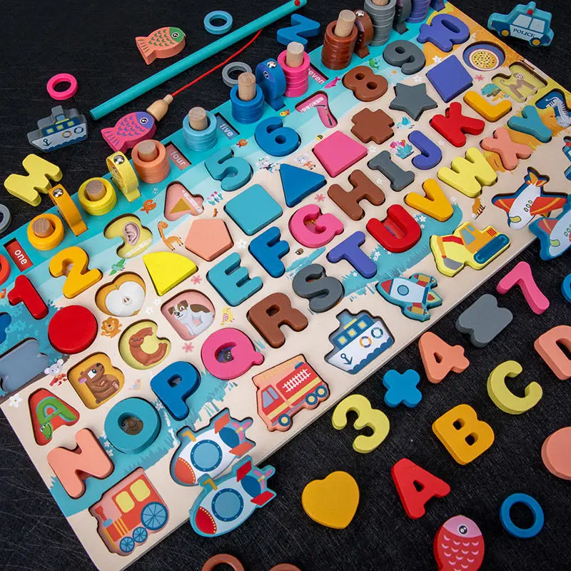 

7 in one Multifunctional Traffic Number Shape Logarithmic Fishing game Wooden Jigsaw Puzzle board toys