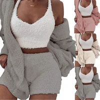 

3 Pieces/set Soft Pajamas Fleece Plush Hooded Women Sleepwear Nightwear Tops+Shorts+Coat