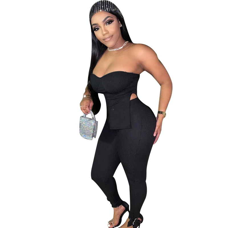 

2021 Summer Solid Strapless Tank Top Pant Sets Beach Holiday Two Pieces Set For Women