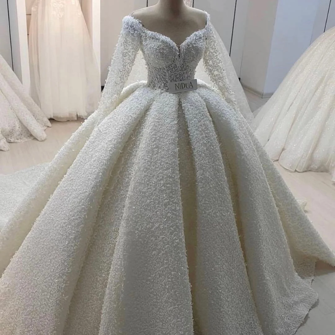 

Jancember RSM67276 Luxury Fashion Women Longsleeve Wedding Dress Bridal Gowns With Tail, Ivory