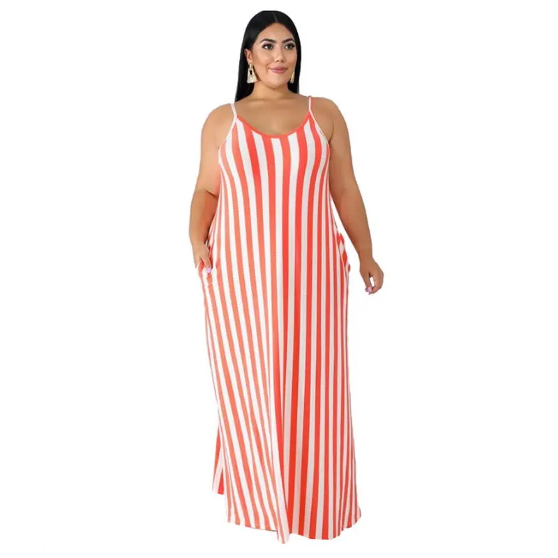 

Ready-to-ship Products Plus Size Women Striped Loose Sleeveless Long Dress Summer Ladies Apparel, As picture