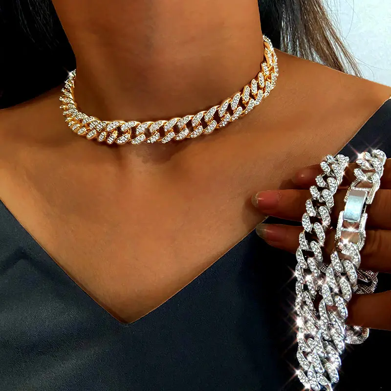 

Female Cuban Chain Gold Silver Color Rhinestone Jewelry Choker Pop Hip Hop Shiny Iced Out Bling Diamond Women's Necklace