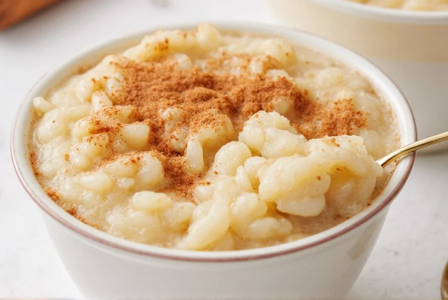 Creamy cinnamon rice pudding in a white bowl with cinnamon stick garnish