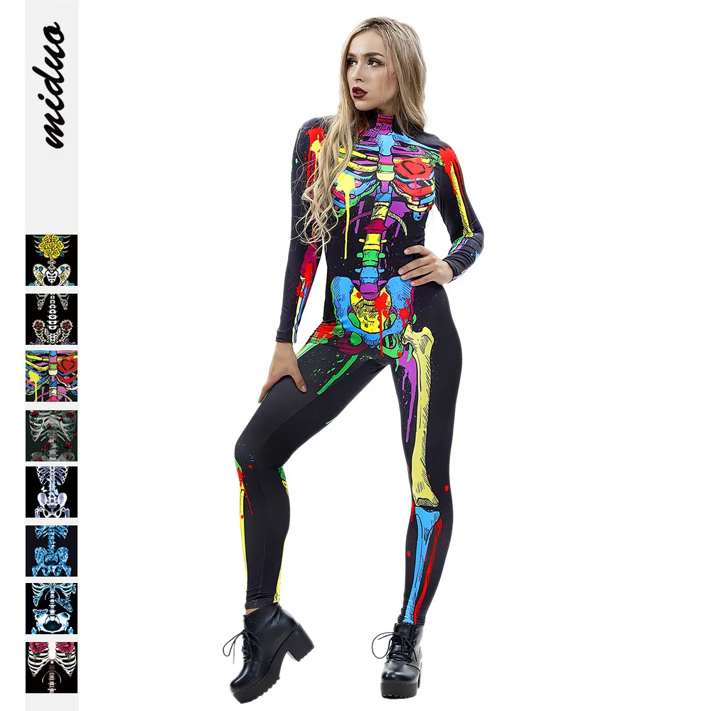 

Skeleton digital printing women clothing Halloween cosplay zipper long sleeve jumpsuit, Customized color