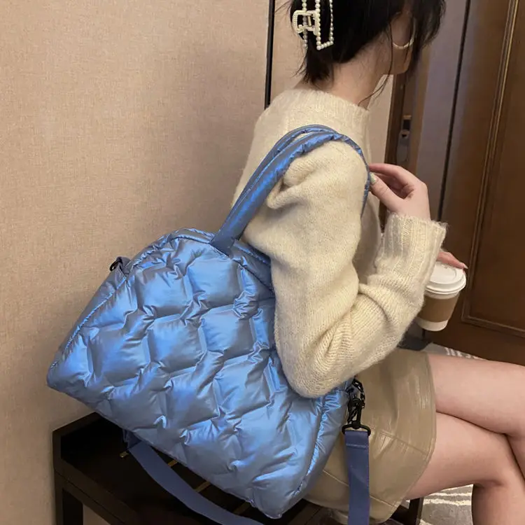 

Hot Sale Fashion Light Weight Leather Puffy Square Embroidery Oxford cloth Tote Bag For Women Casual Puffer Handbags