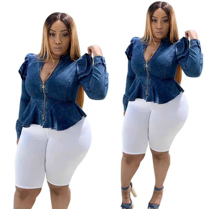

Plus size ladies elegant cotton ruffled long sleeve zipper jacket denim jeans coat women, Picture