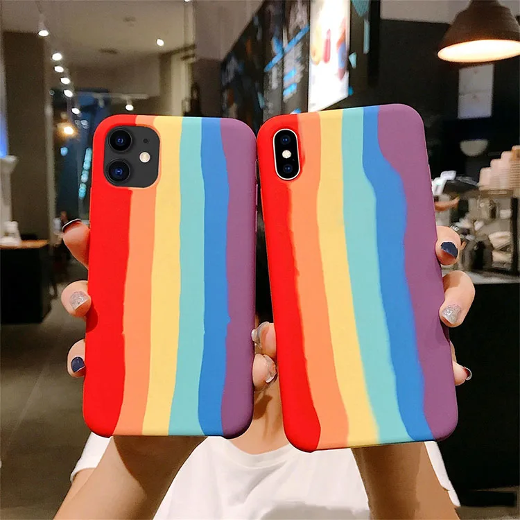 

New Arrival Mobile Accessories Rainbow Stripe Liquid Silicone Protective Smart Phone Protector For iPhone 13 Pro Max 12 Cases