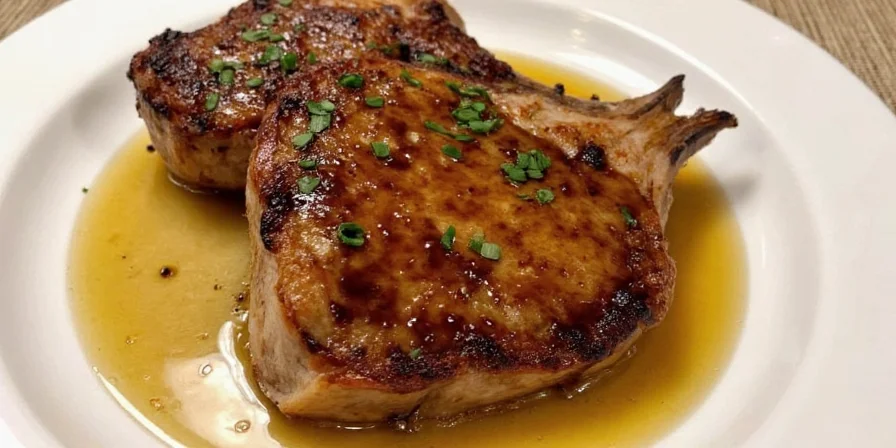 Beautifully plated balsamic glazed pork chops with sides